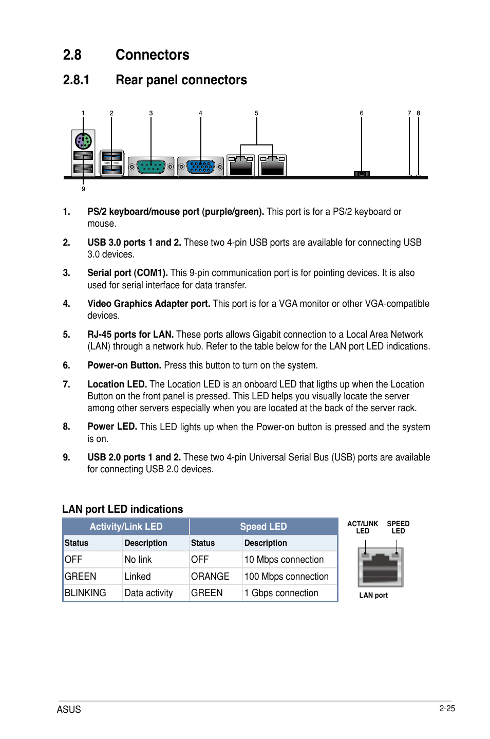 8 connectors, Connectors -29, 1 rear panel connectors | Asus P9D-V User Manual | Page 43 / 150