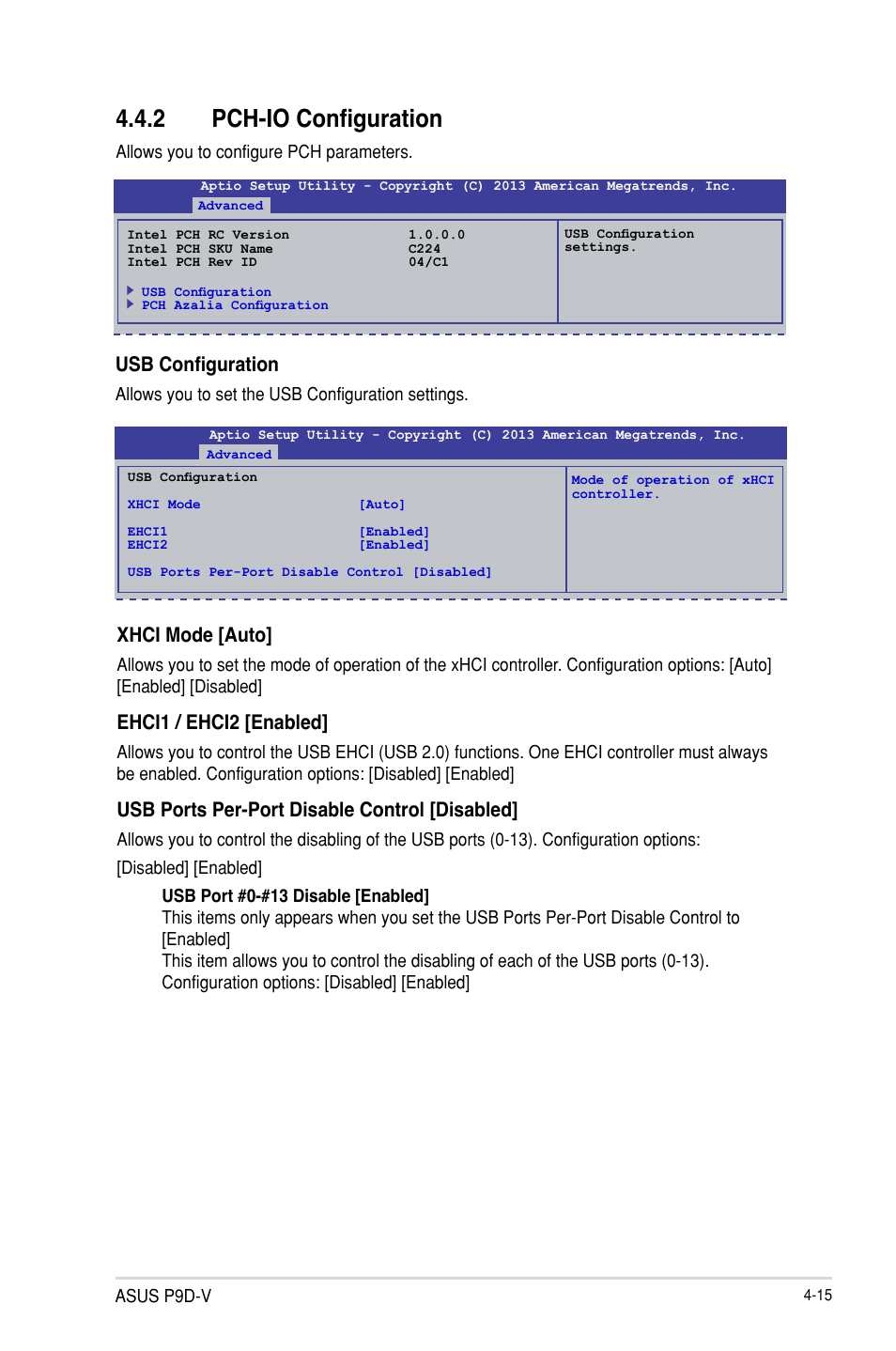 2 pch-io configuration, Usb configuration, Xhci mode [auto | Ehci1 / ehci2 [enabled, Usb ports per-port disable control [disabled | Asus P9D-V User Manual | Page 71 / 150