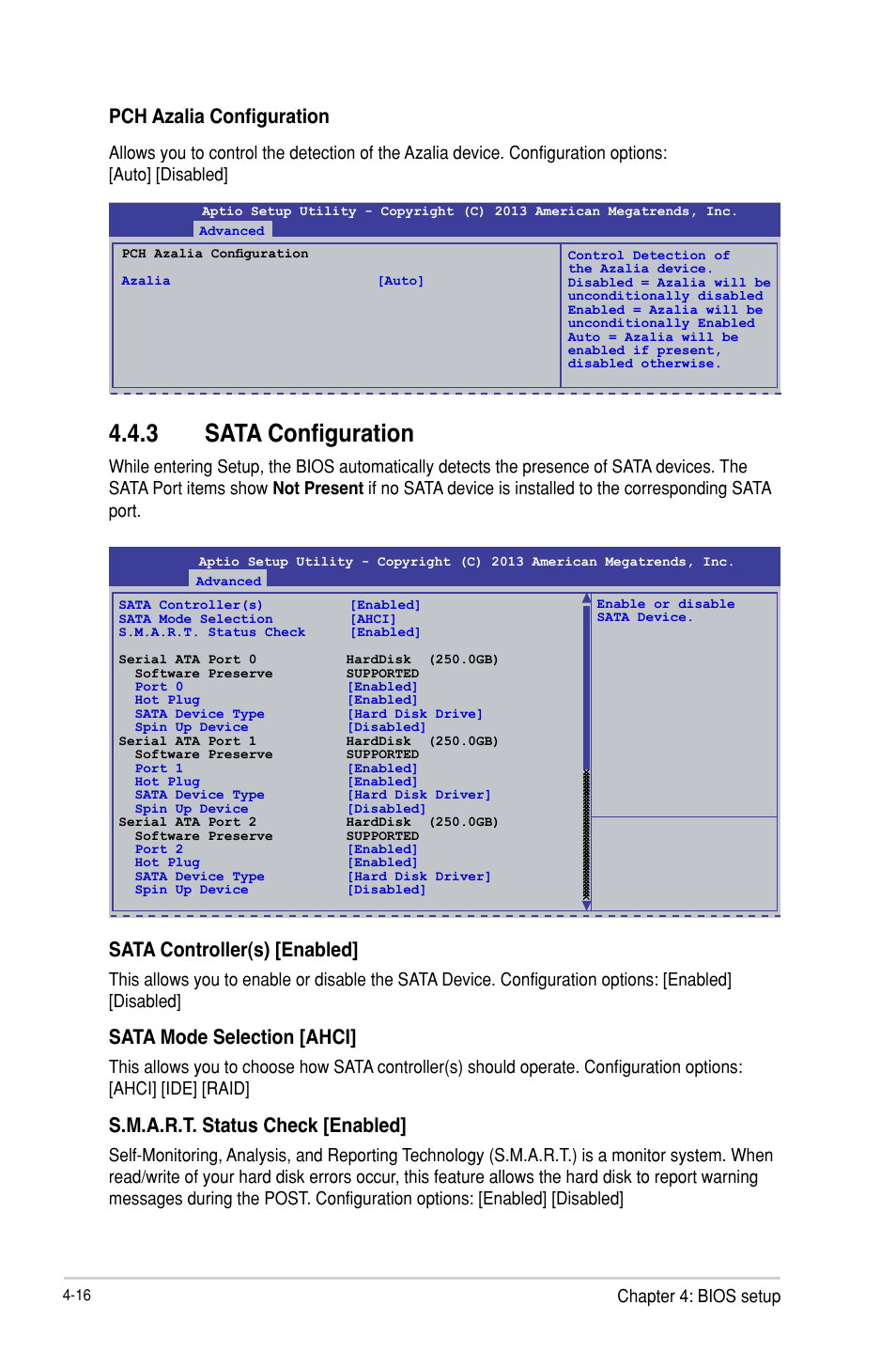 3 sata configuration, Sata controller(s) [enabled, Sata mode selection [ahci | S.m.a.r.t. status check [enabled, Pch azalia configuration | Asus P9D-V User Manual | Page 72 / 150