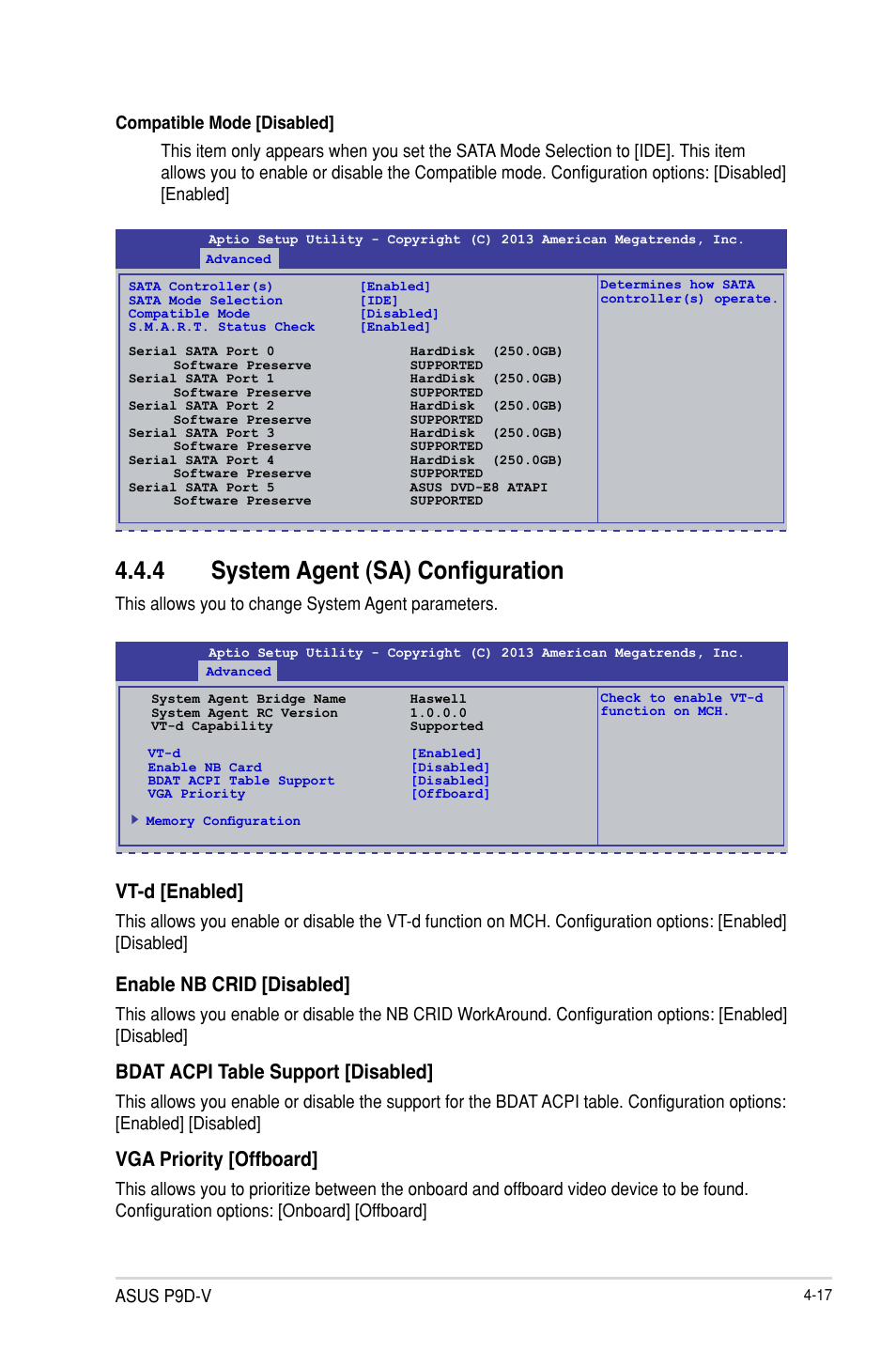 4 system agent (sa) configuration, Vt-d [enabled, Enable nb crid [disabled | Bdat acpi table support [disabled, Vga priority [offboard, Asus p9d-v, This allows you to change system agent parameters | Asus P9D-V User Manual | Page 73 / 150