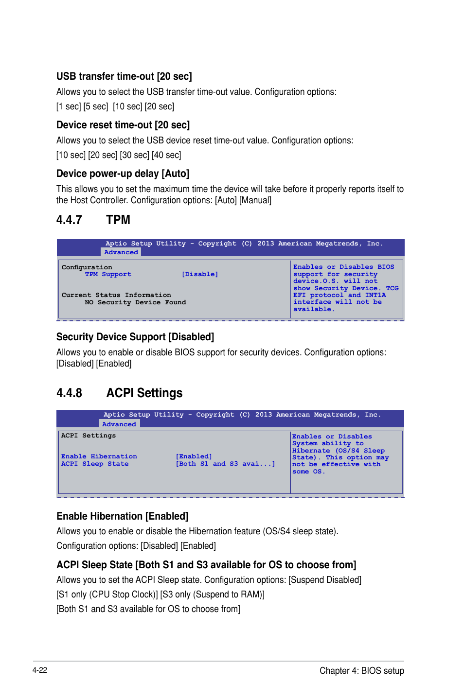 7 tpm, 8 acpi settings, Security device support [disabled | Usb transfer time-out [20 sec, Device reset time-out [20 sec, Device power-up delay [auto, Enable hibernation [enabled | Asus P9D-V User Manual | Page 78 / 150