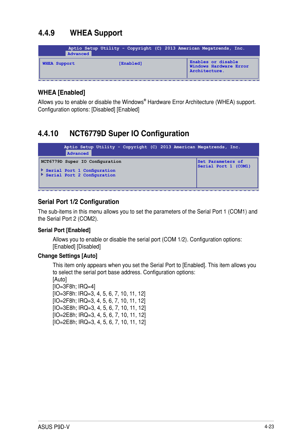 9 whea support, Whea [enabled, Serial port 1/2 configuration | Asus P9D-V User Manual | Page 79 / 150