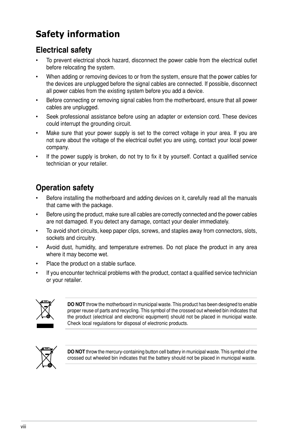 Safety information, Electrical safety, Operation safety | Asus P9D-V User Manual | Page 8 / 150