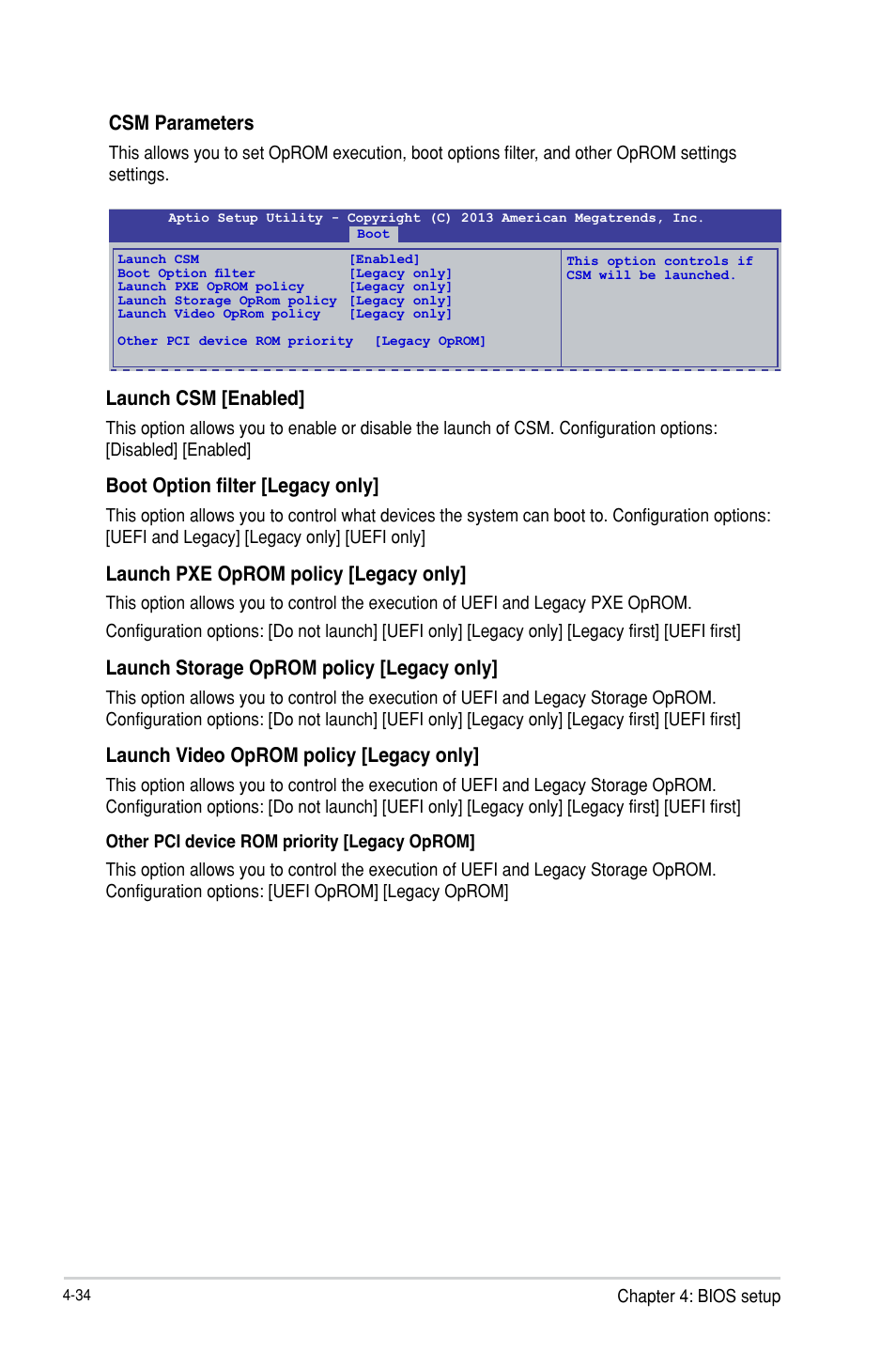 Csm parameters, Launch csm [enabled, Boot option filter [legacy only | Launch pxe oprom policy [legacy only, Launch storage oprom policy [legacy only, Launch video oprom policy [legacy only | Asus P9D-V User Manual | Page 90 / 150