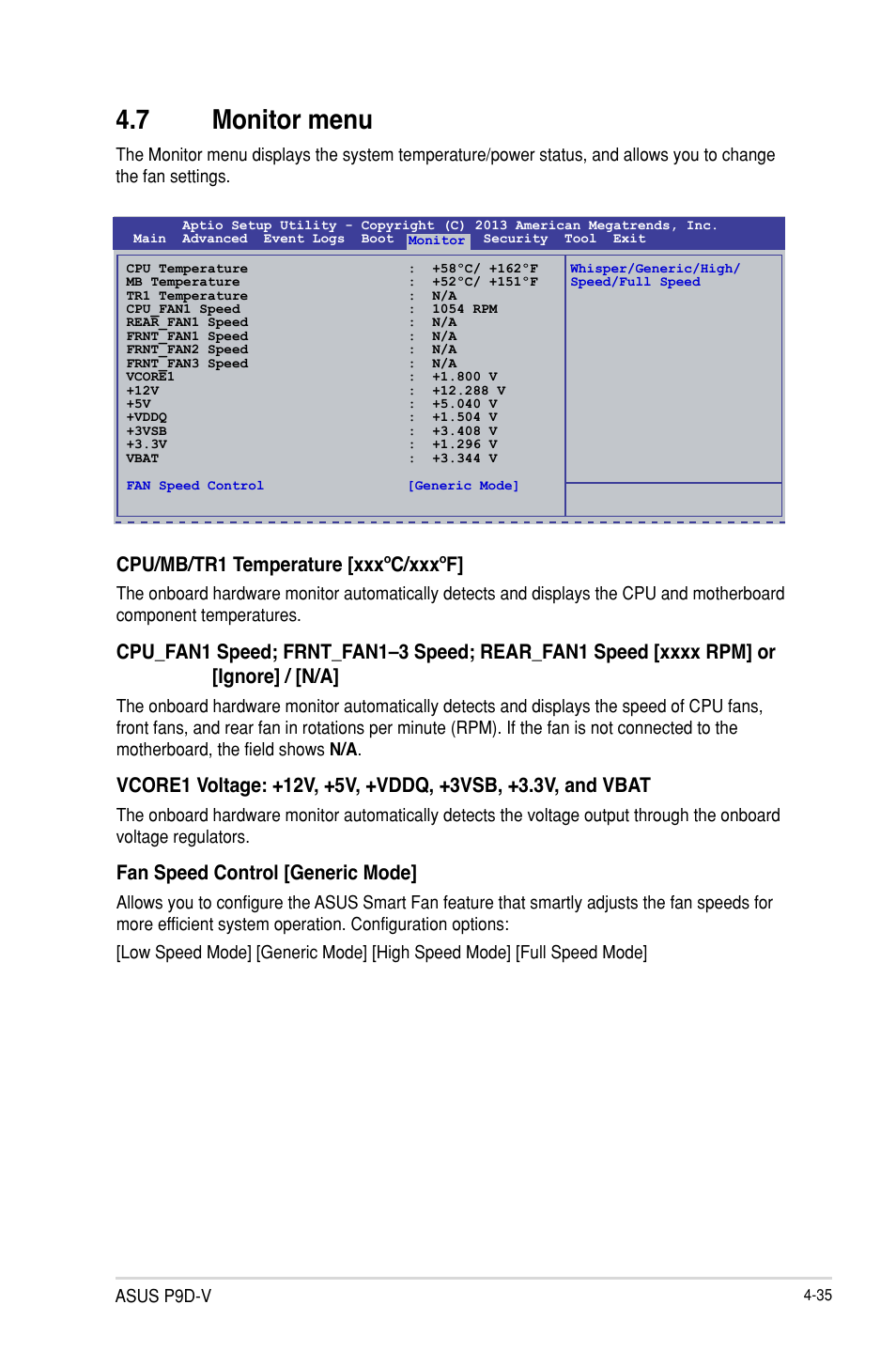 7 monitor menu, Monitor menu -35, Cpu/mb/tr1 temperature [xxxºc/xxxºf | Fan speed control [generic mode | Asus P9D-V User Manual | Page 91 / 150