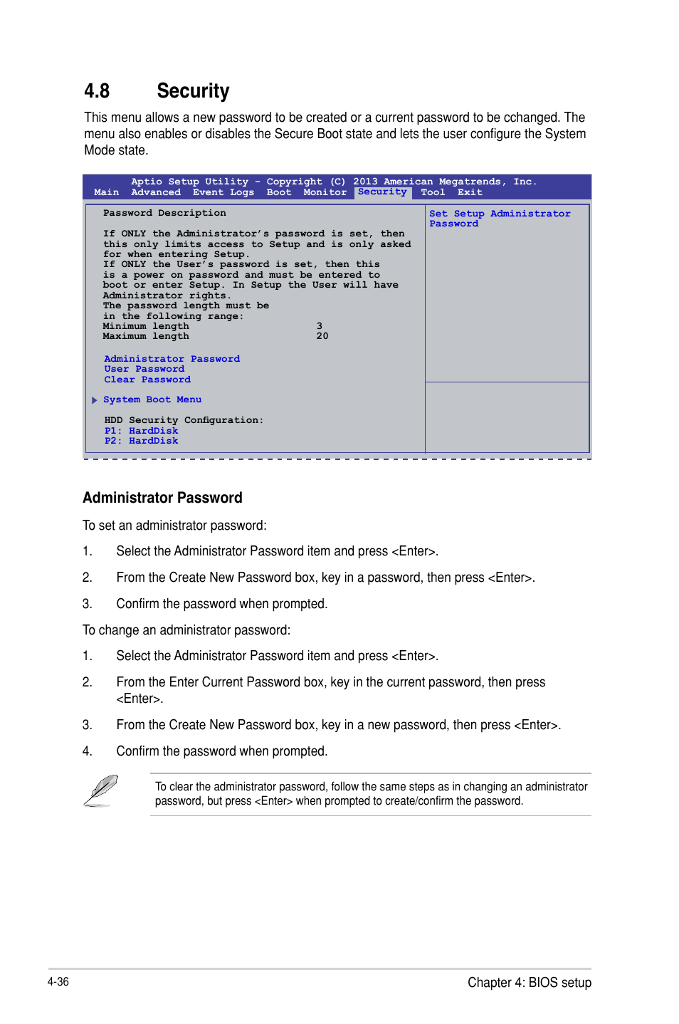 8 security, Security -36, Administrator password | Asus P9D-V User Manual | Page 92 / 150