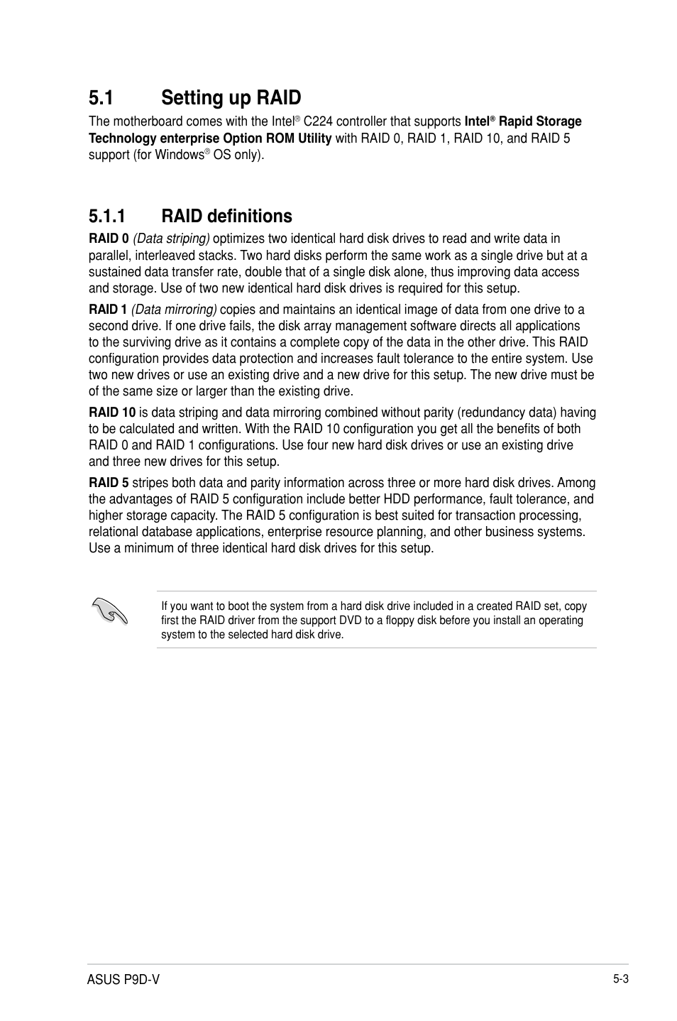 1 setting up raid, 1 raid definitions | Asus P9D-V User Manual | Page 99 / 150