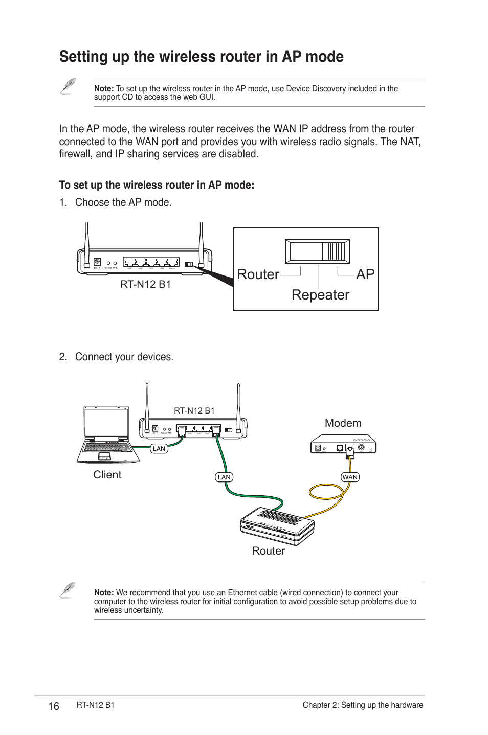 Setting up the wireless router in ap mode, Router ap repeater, Connect your devices | Modem, Client router, Rt-n12 b1 | Asus RT-N12 (VER.B1) User Manual | Page 16 / 53