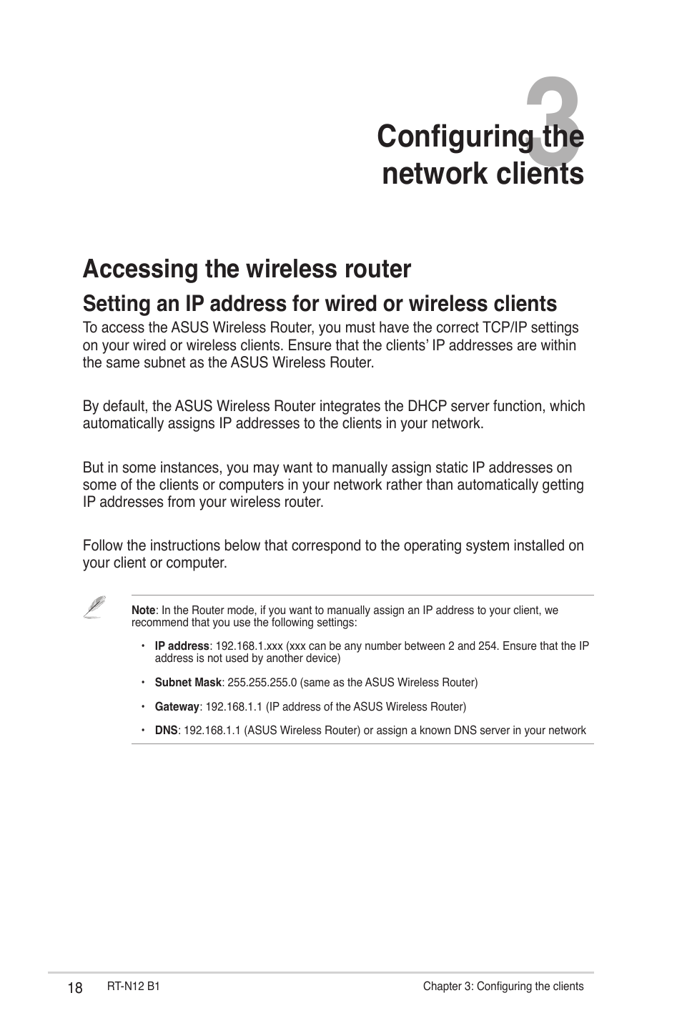 Configuring the network clients, Accessing the wireless router | Asus RT-N12 (VER.B1) User Manual | Page 18 / 53