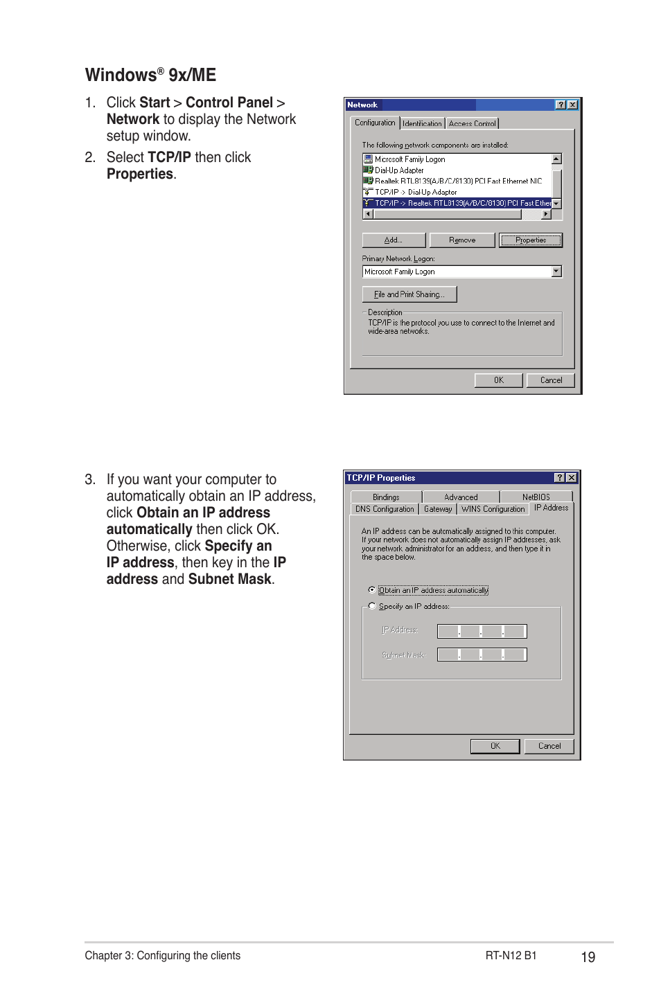 Windows, 9x/me | Asus RT-N12 (VER.B1) User Manual | Page 19 / 53