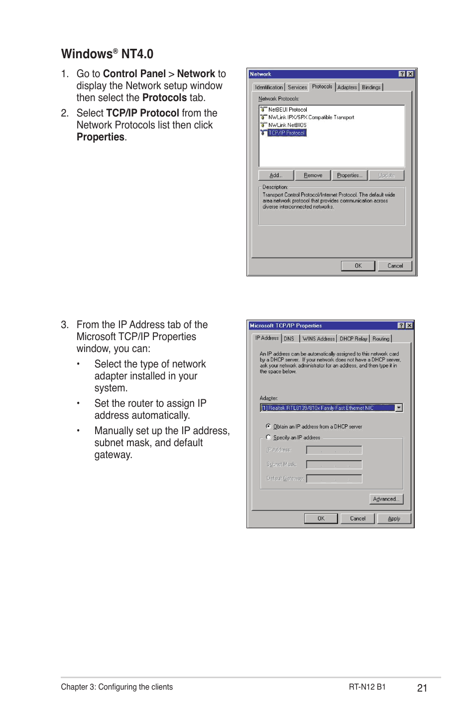 Windows, Nt4.0 | Asus RT-N12 (VER.B1) User Manual | Page 21 / 53