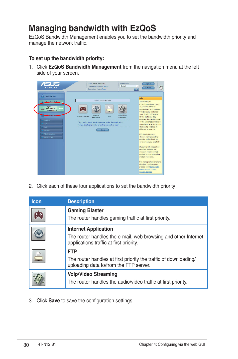 Managing bandwidth with ezqos | Asus RT-N12 (VER.B1) User Manual | Page 30 / 53