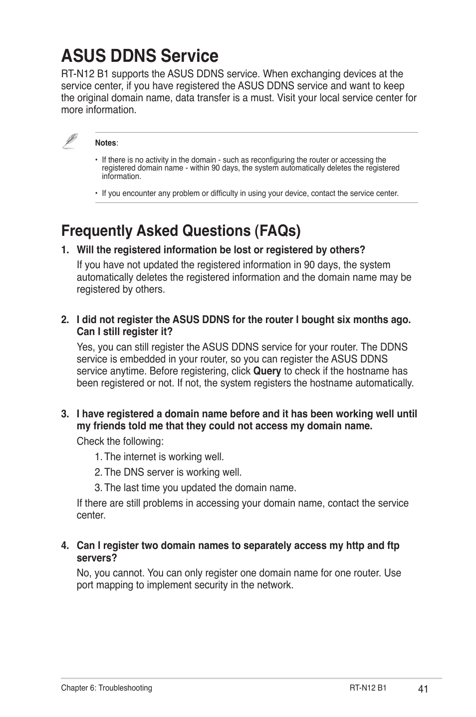 Asus ddns service, Frequently asked questions (faqs) | Asus RT-N12 (VER.B1) User Manual | Page 41 / 53