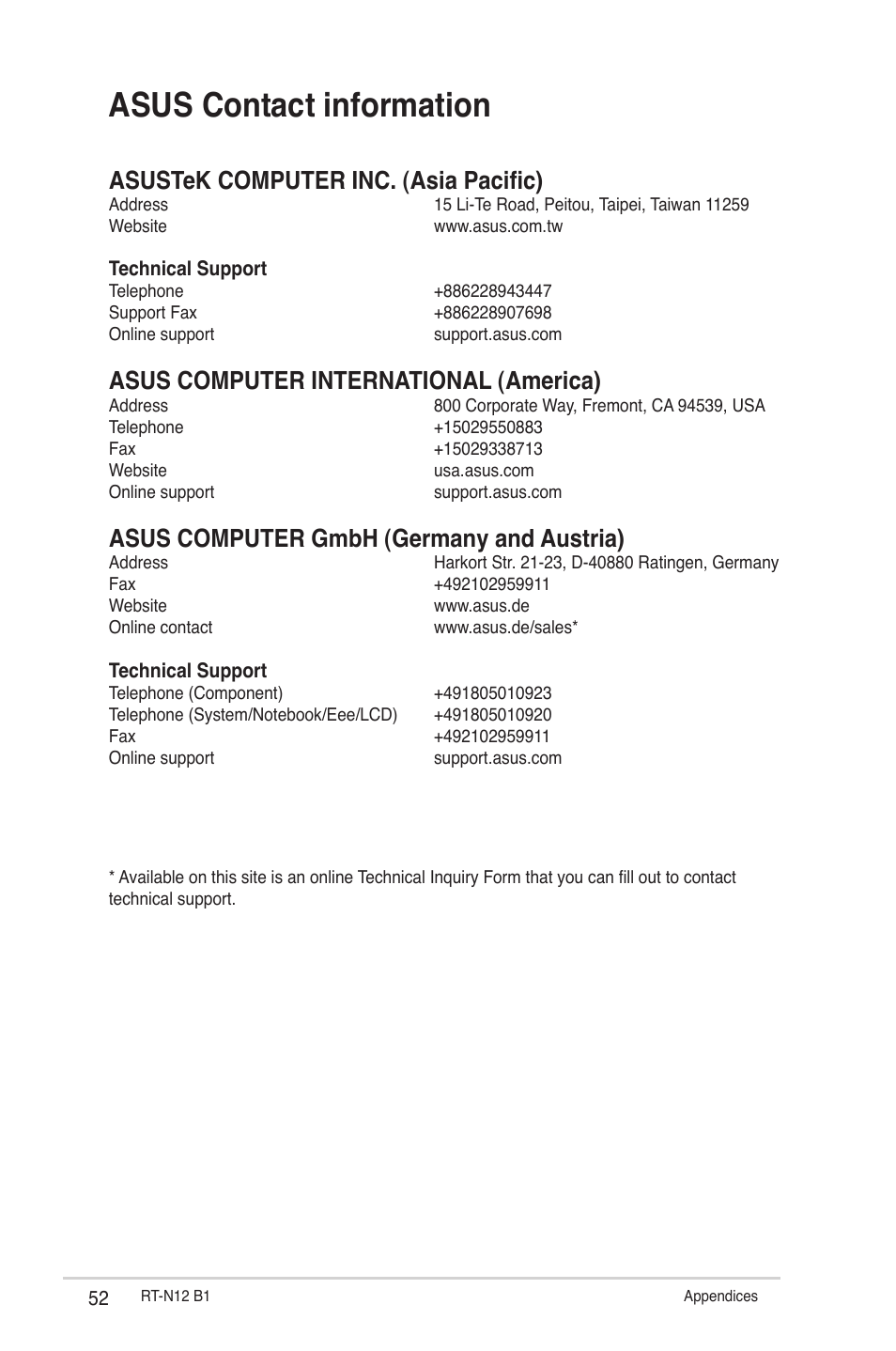 Asus contact information, Asustek computer inc. (asia pacific), Asus computer international (america) | Asus computer gmbh (germany and austria) | Asus RT-N12 (VER.B1) User Manual | Page 52 / 53