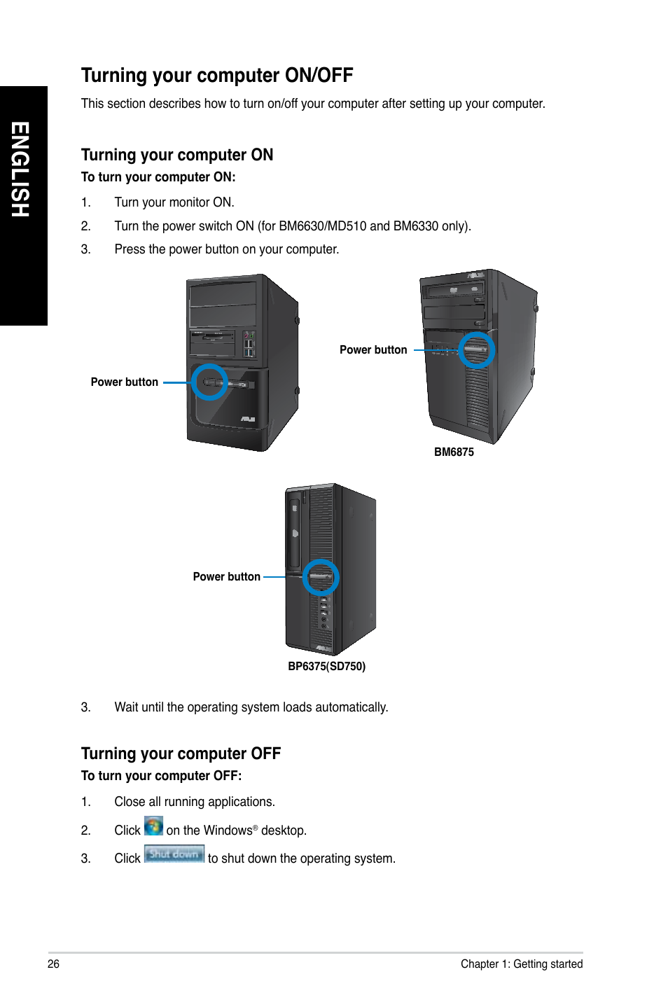 Turning your computer on/off, En g lis h en g li sh | Asus BP6375 User Manual | Page 26 / 70