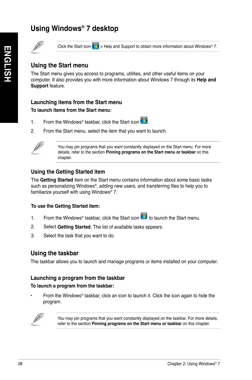 Using windows® 7 desktop, Using windows, En g lis h en g li sh en g lis h en g li sh | 7 desktop | Asus BP6375 User Manual | Page 28 / 70