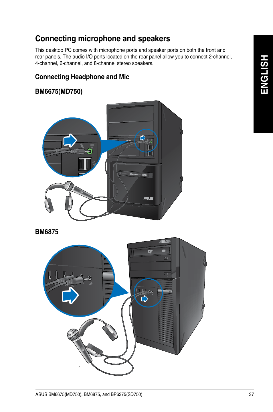 Connecting microphone and speakers, En g lis h en g li sh | Asus BP6375 User Manual | Page 37 / 70