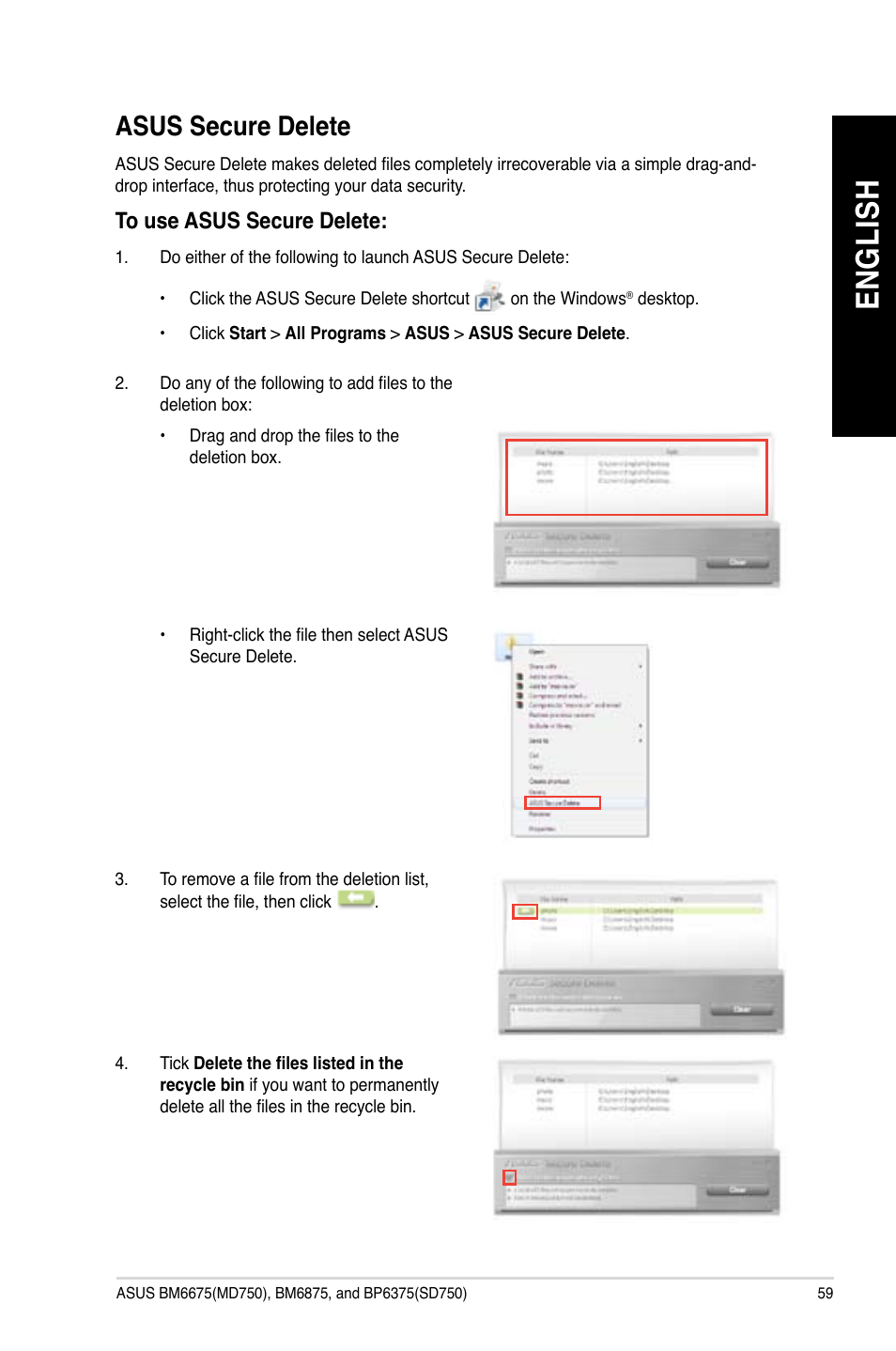 Asus secure delete, En g lis h en g li sh | Asus BP6375 User Manual | Page 59 / 70