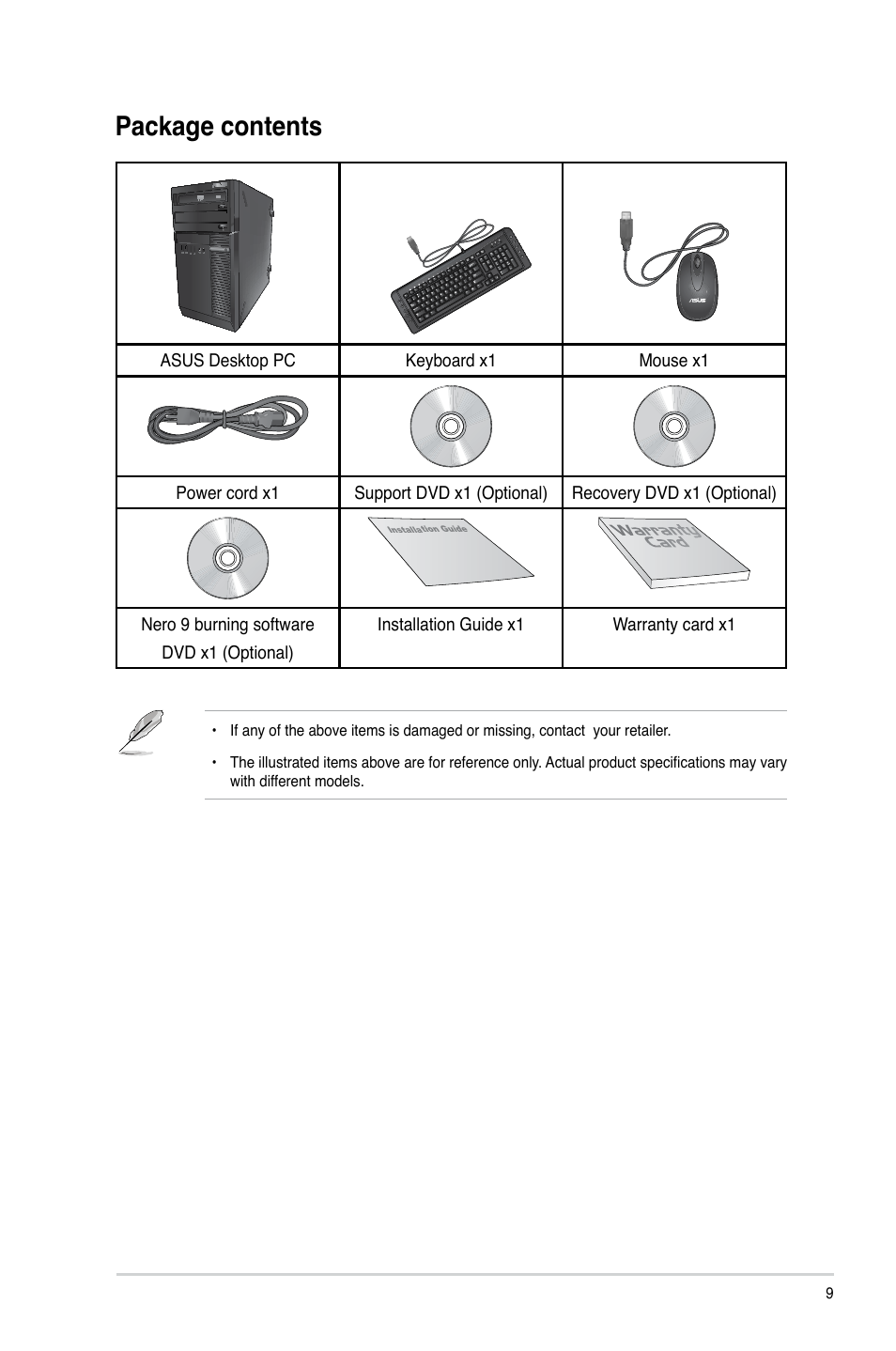 Package contents | Asus BP6375 User Manual | Page 9 / 70