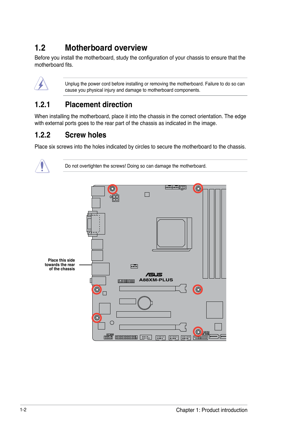 2 motherboard overview, Motherboard overview -2, 1 placement direction | 2 screw holes | Asus A88XM-PLUS User Manual | Page 12 / 76