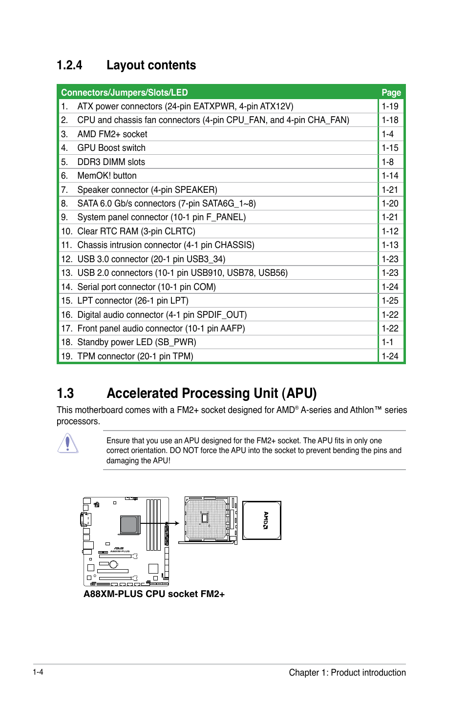 3 accelerated processing unit (apu), Accelerated processing unit (apu) -4, 4 layout contents | Asus A88XM-PLUS User Manual | Page 14 / 76