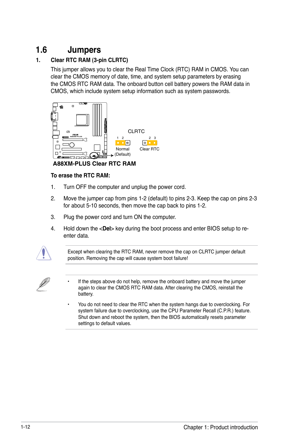 6 jumpers, Jumpers -12 | Asus A88XM-PLUS User Manual | Page 22 / 76