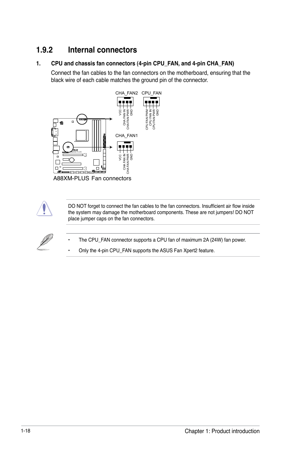 2 internal connectors, Chapter 1: product introduction, A88xm-plus fan connectors | Asus A88XM-PLUS User Manual | Page 28 / 76