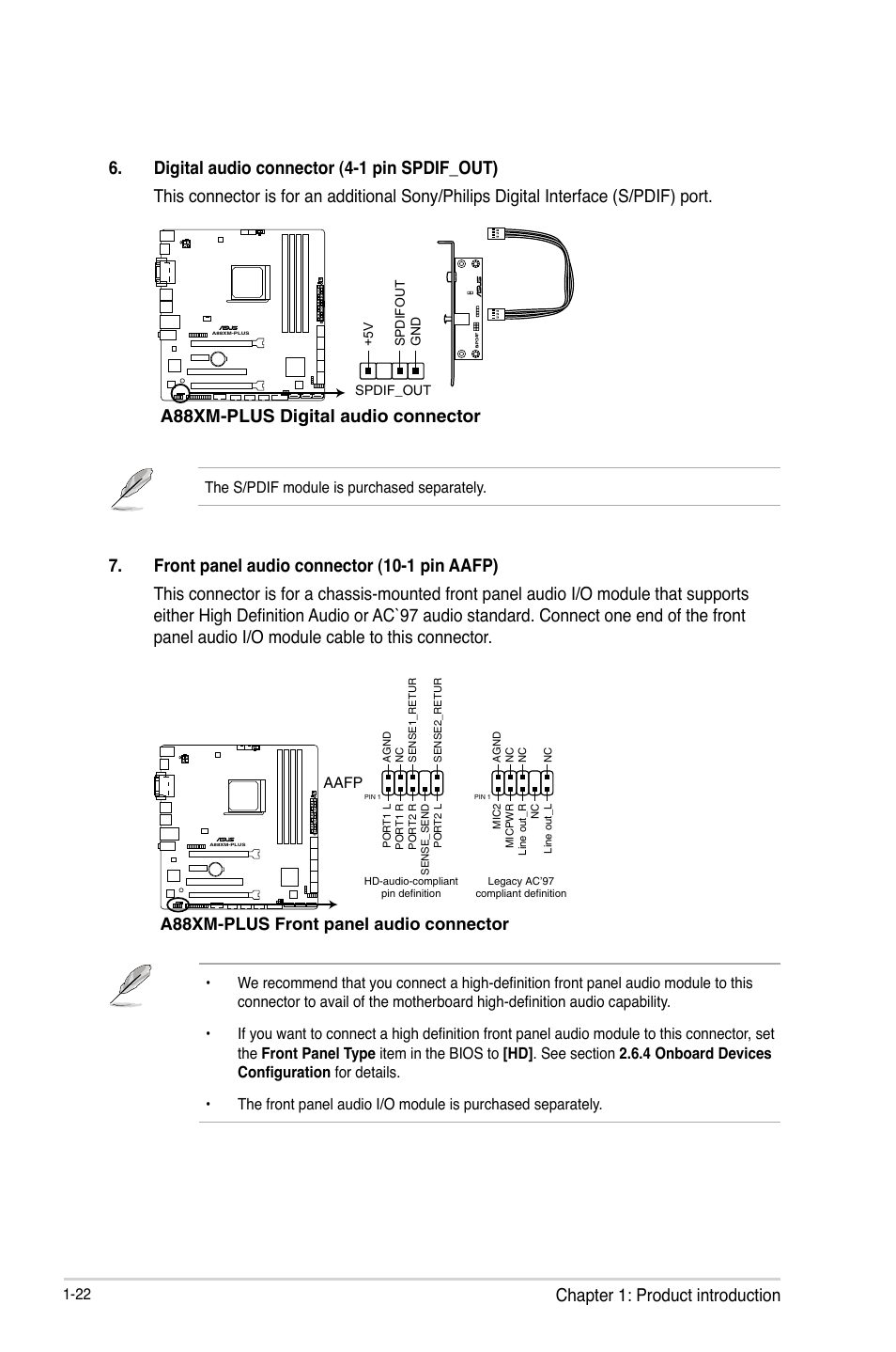 A88xm-plus digital audio connector, A88xm-plus front panel audio connector | Asus A88XM-PLUS User Manual | Page 32 / 76