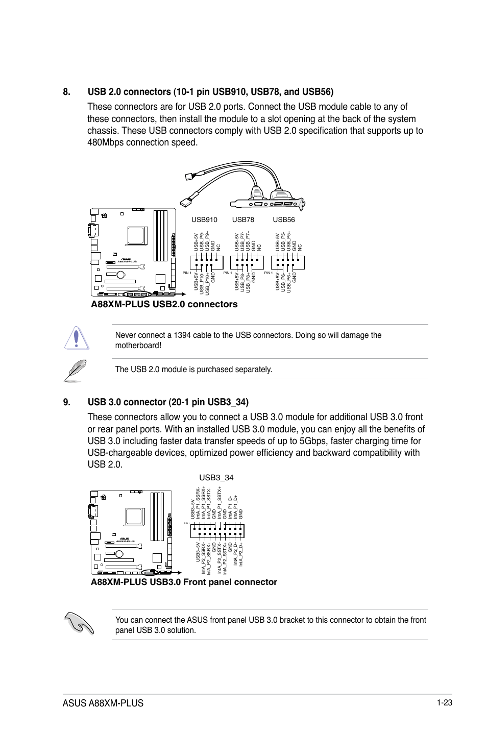 Asus a88xm-plus, A88xm-plus usb2.0 connectors, A88xm-plus usb3.0 front panel connector | Asus A88XM-PLUS User Manual | Page 33 / 76