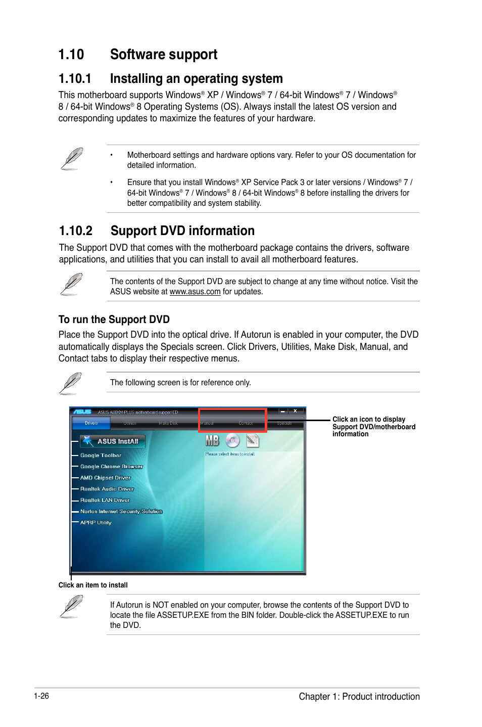 10 software support, 10 software support -26, 2 support dvd information | 1 installing an operating system | Asus A88XM-PLUS User Manual | Page 36 / 76