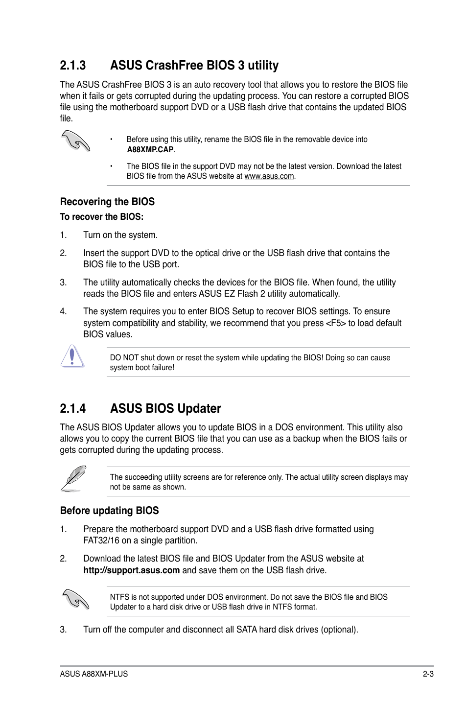 3 asus crashfree bios 3 utility, 4 asus bios updater | Asus A88XM-PLUS User Manual | Page 39 / 76