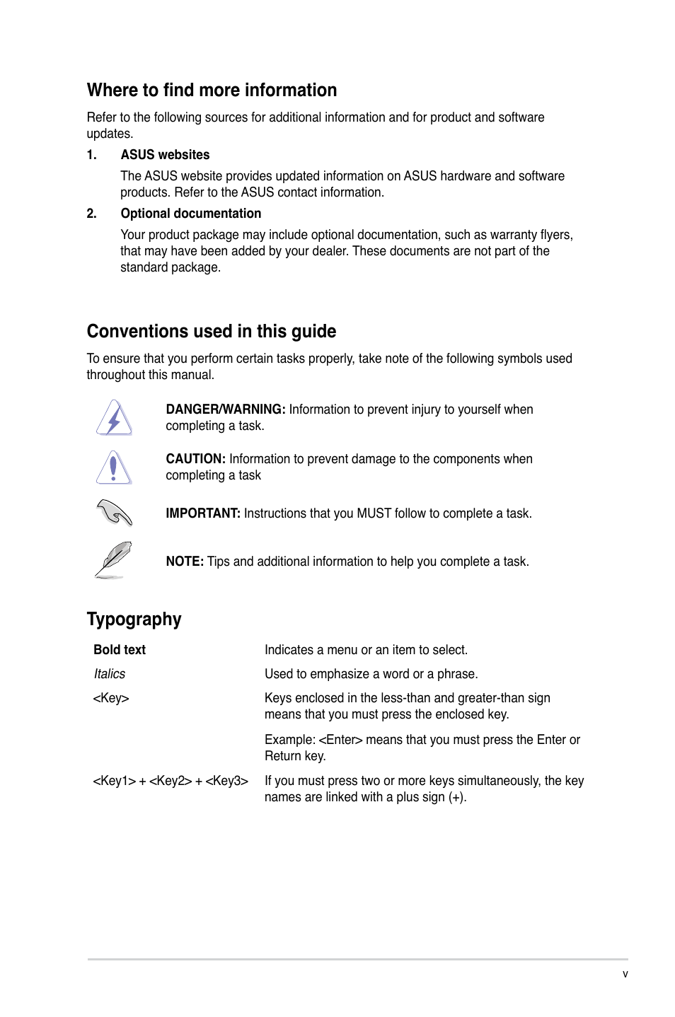 Where to find more information, Conventions used in this guide, Typography | Asus A88XM-PLUS User Manual | Page 5 / 76