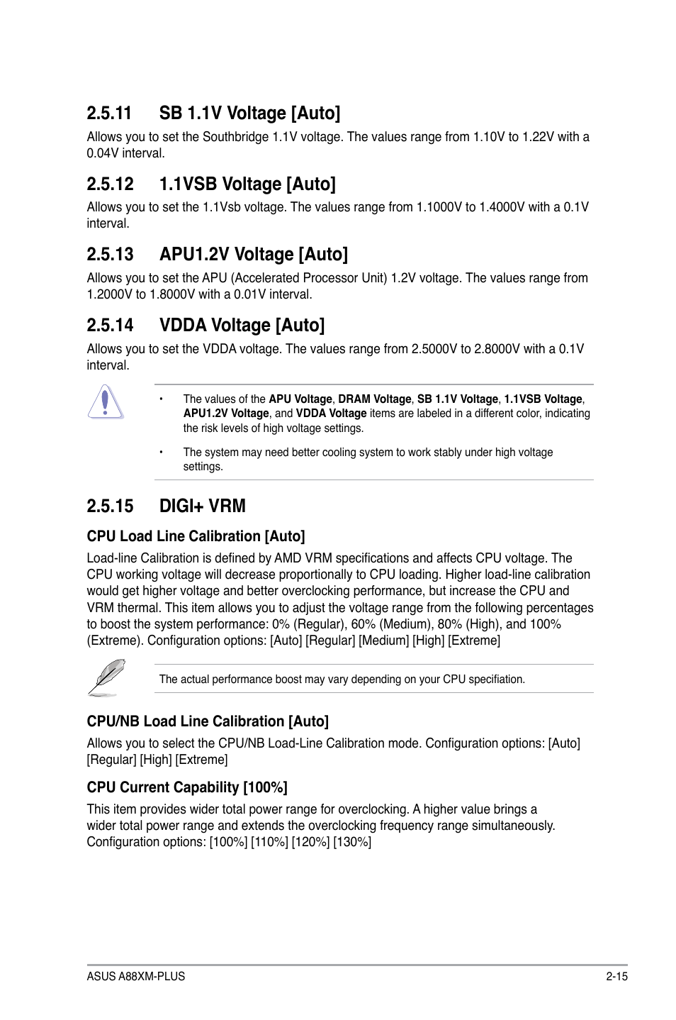 11 sb 1.1v voltage [auto, 12 1.1vsb voltage [auto, 13 apu1.2v voltage [auto | 14 vdda voltage [auto, 15 digi+ vrm | Asus A88XM-PLUS User Manual | Page 51 / 76