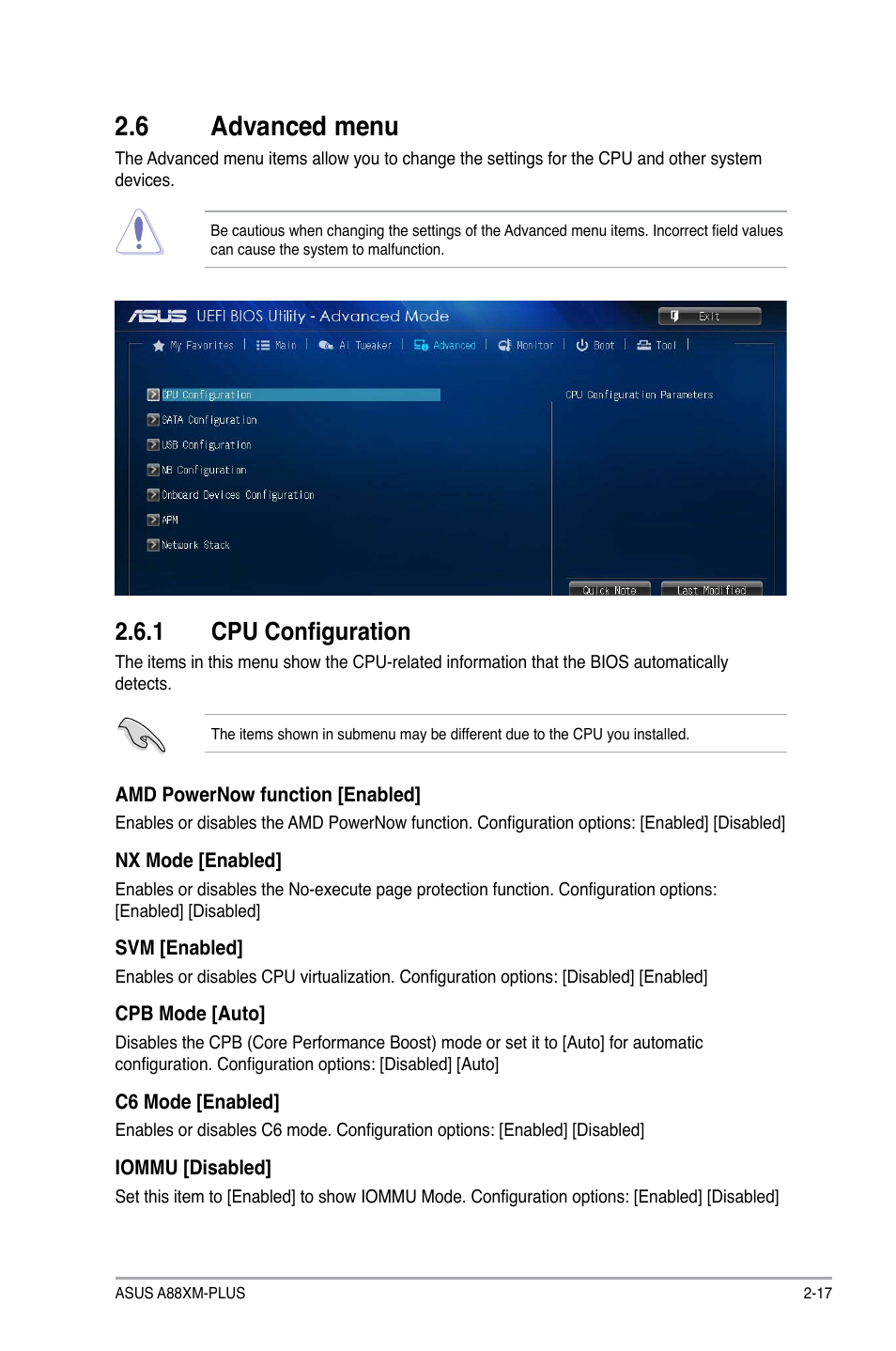 6 advanced menu, Advanced menu -17, 1 cpu configuration | Asus A88XM-PLUS User Manual | Page 53 / 76