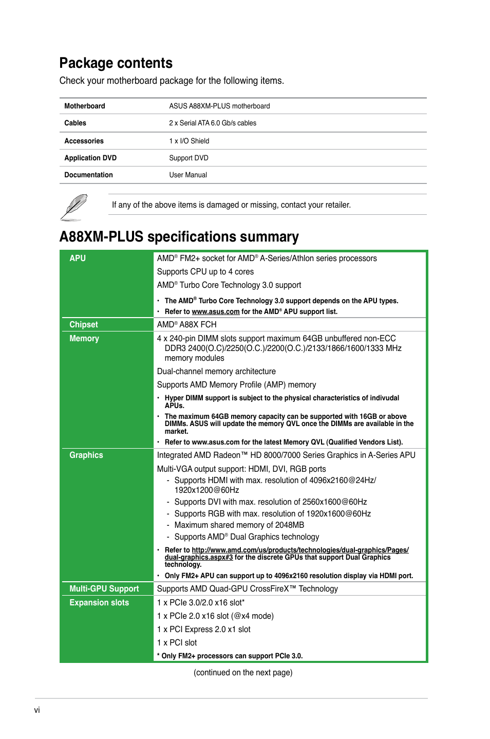 Package contents, A88xm-plus specifications summary | Asus A88XM-PLUS User Manual | Page 6 / 76