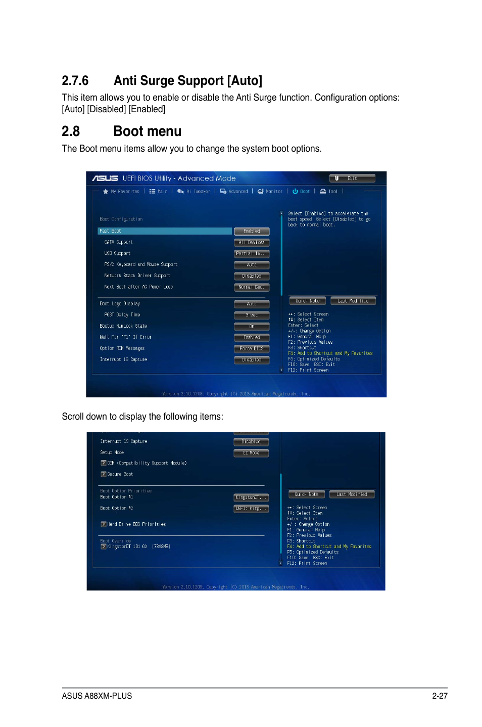 8 boot menu, Boot menu -27, 6 anti surge support [auto | Asus A88XM-PLUS User Manual | Page 63 / 76