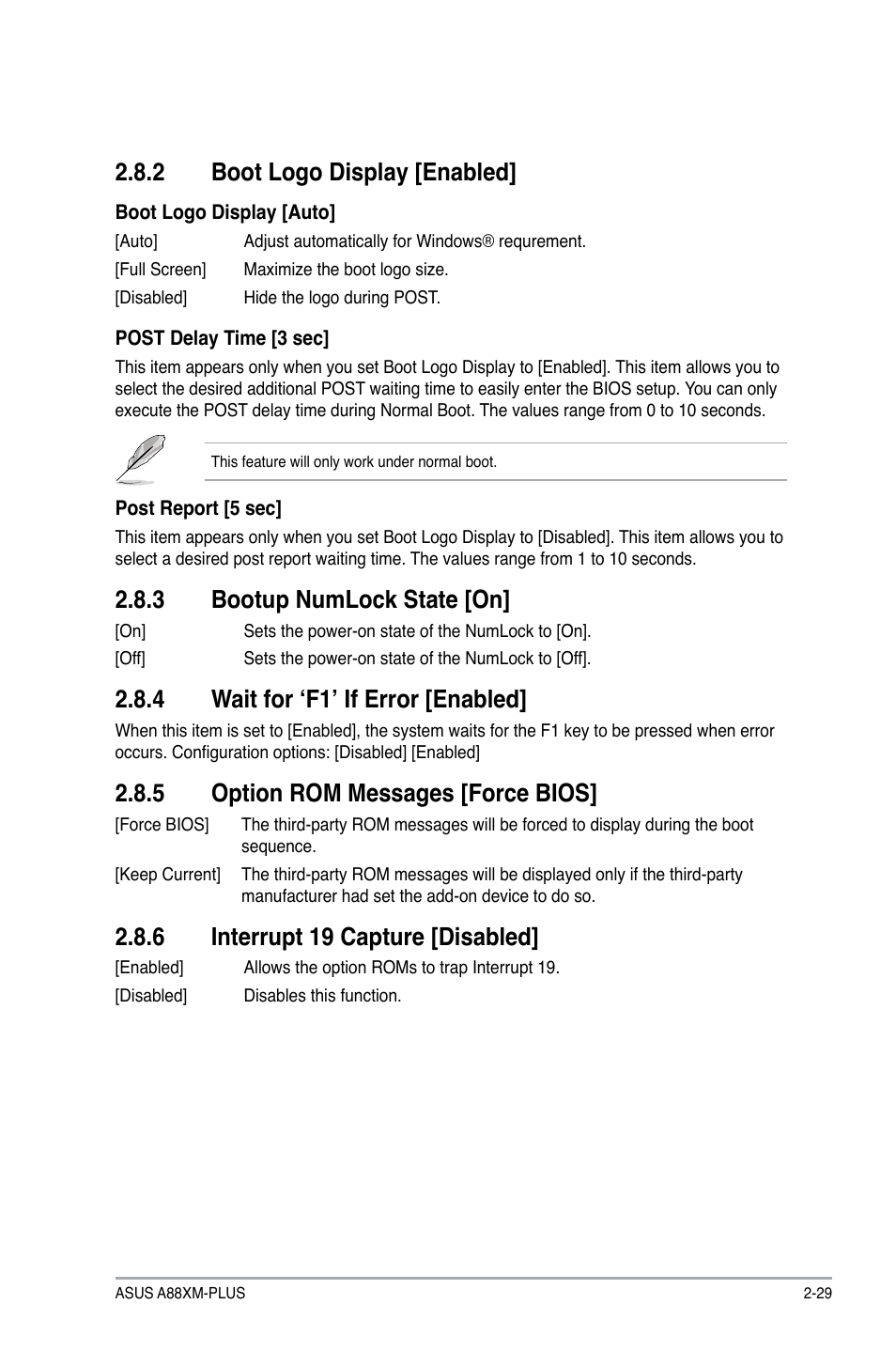 3 bootup numlock state [on, 4 wait for ‘f1’ if error [enabled, 5 option rom messages [force bios | 6 interrupt 19 capture [disabled, 2 boot logo display [enabled | Asus A88XM-PLUS User Manual | Page 65 / 76