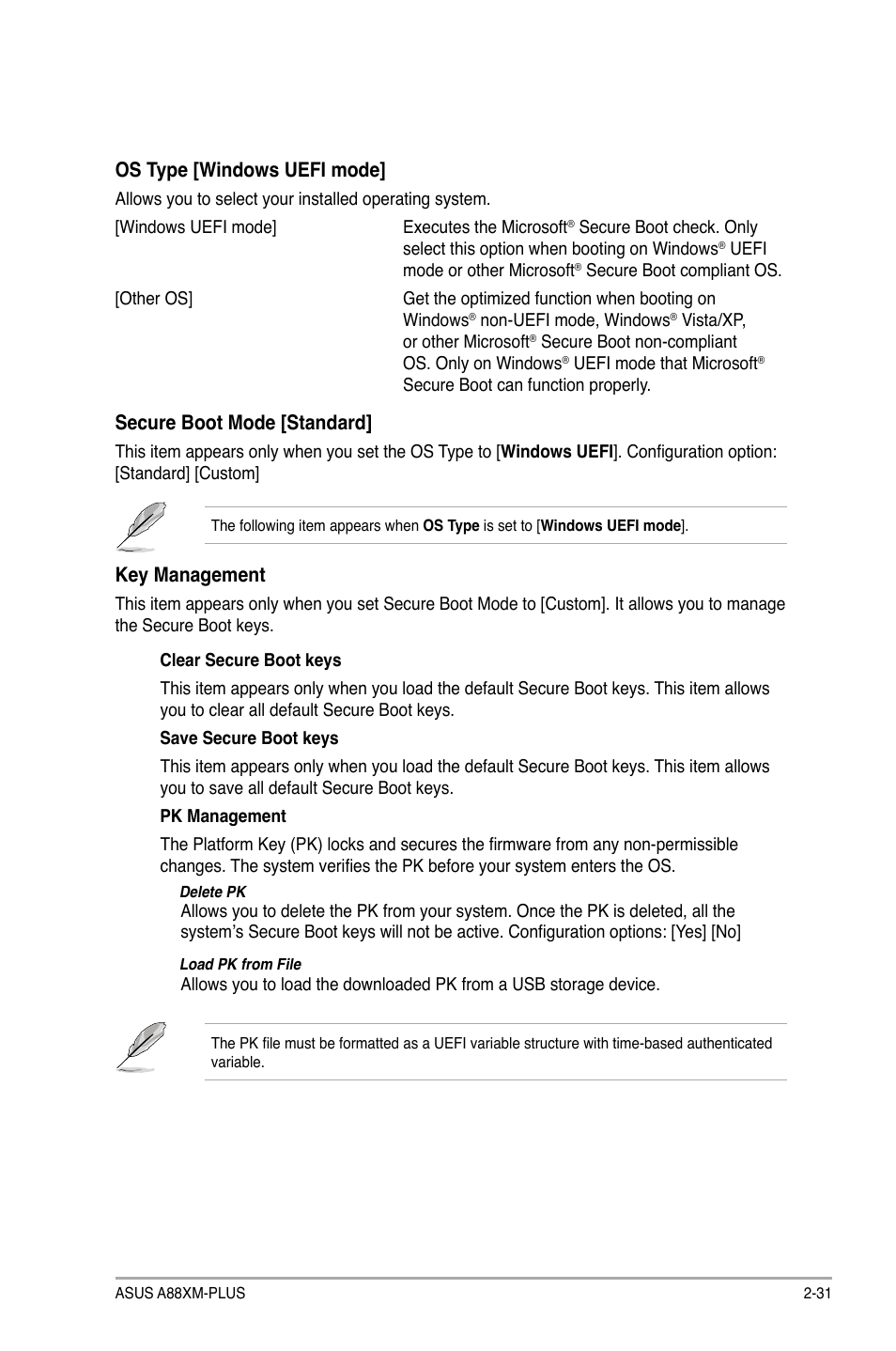 Os type [windows uefi mode, Secure boot mode [standard, Key management | Asus A88XM-PLUS User Manual | Page 67 / 76