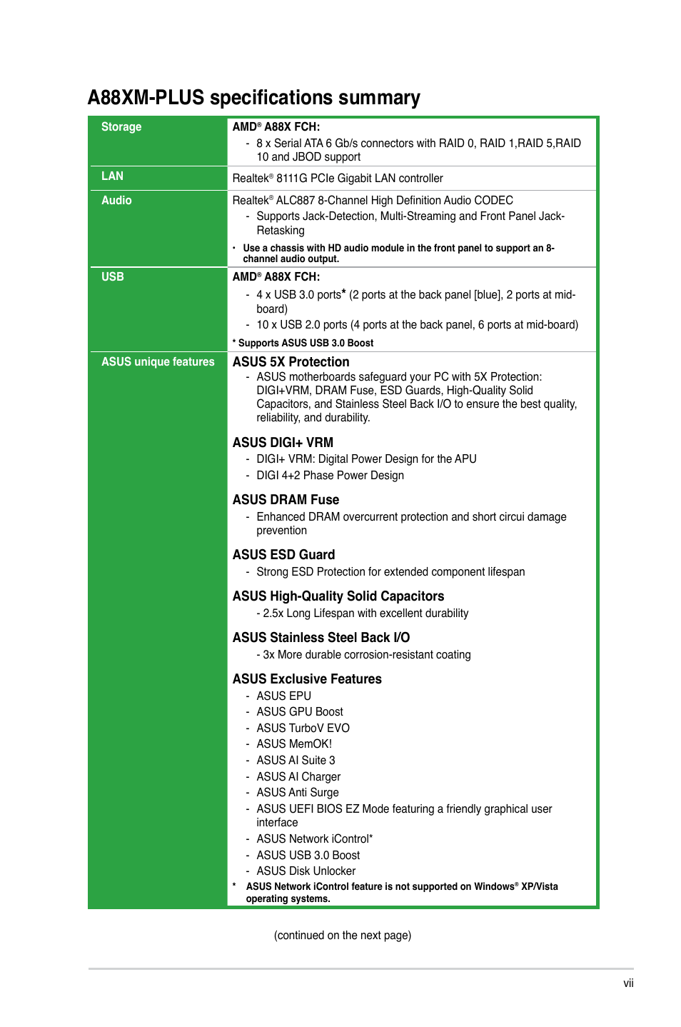 A88xm-plus specifications summary | Asus A88XM-PLUS User Manual | Page 7 / 76