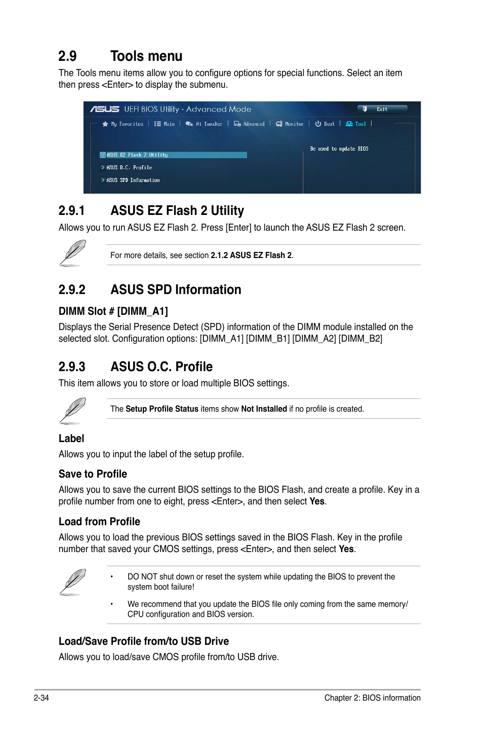 9 tools menu, Tools menu -34, 1 asus ez flash 2 utility | 3 asus o.c. profile, 2 asus spd information | Asus A88XM-PLUS User Manual | Page 70 / 76
