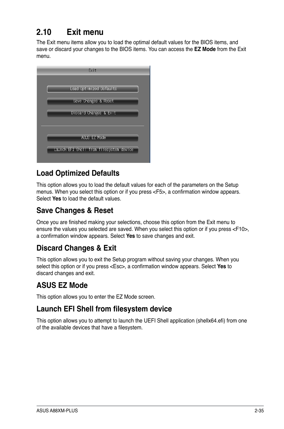 10 exit menu, 10 exit menu -35, Load optimized defaults | Save changes & reset, Discard changes & exit, Asus ez mode, Launch efi shell from filesystem device | Asus A88XM-PLUS User Manual | Page 71 / 76