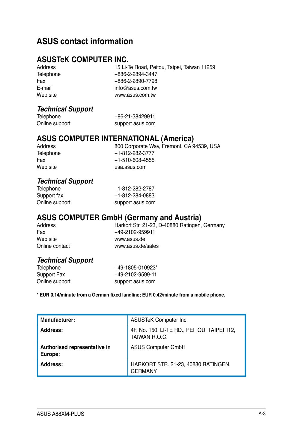 Asus contact information, Asustek computer inc, Asus computer international (america) | Asus computer gmbh (germany and austria), Technical support | Asus A88XM-PLUS User Manual | Page 75 / 76