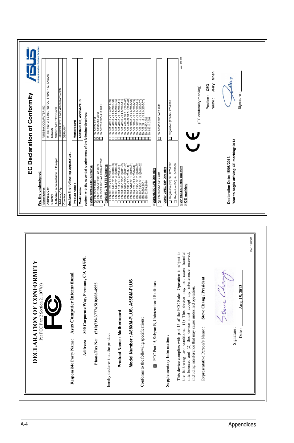 Declaration of conformity, Appendices, Ec declaration of conformity | Asu s c om pu te r in te rn at io na l, Address: 800 corporate way, fremont | Asus A88XM-PLUS User Manual | Page 76 / 76