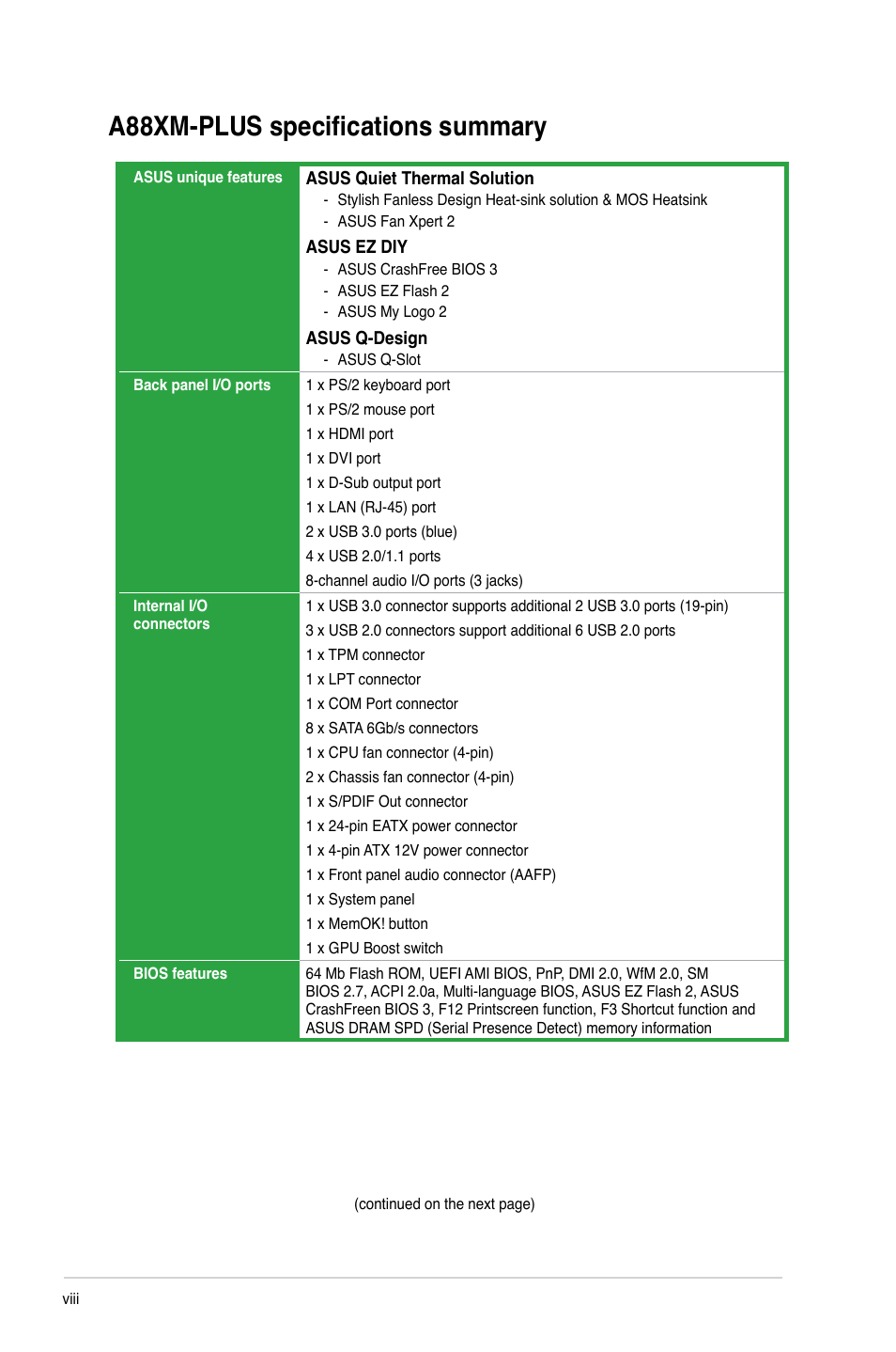 A88xm-plus specifications summary | Asus A88XM-PLUS User Manual | Page 8 / 76