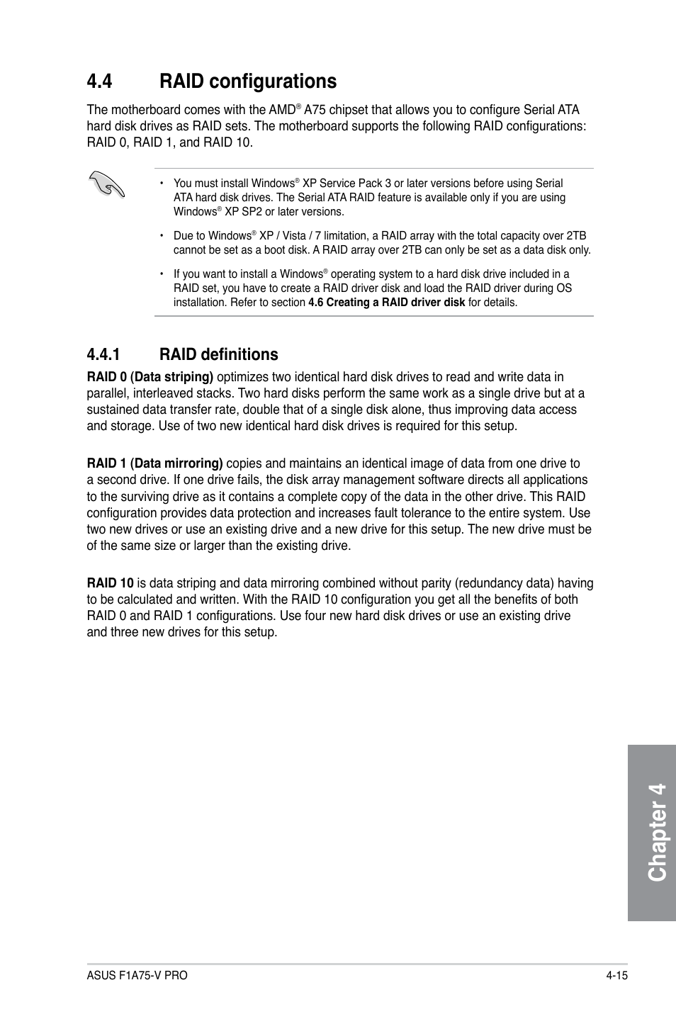 4 raid configurations, 1 raid definitions, Raid configurations -15 | Raid definitions -15, Chapter 4 | Asus F1A75-V PRO User Manual | Page 107 / 124