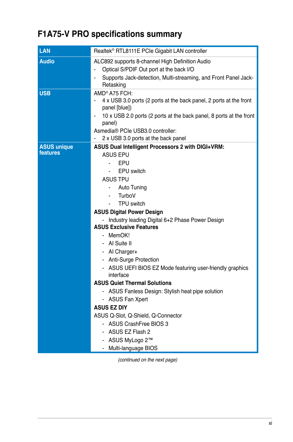 F1a75-v pro specifications summary | Asus F1A75-V PRO User Manual | Page 11 / 124