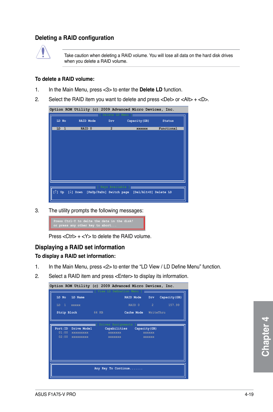 Chapter 4, Deleting a raid configuration, Displaying a raid set information | Asus F1A75-V PRO User Manual | Page 111 / 124