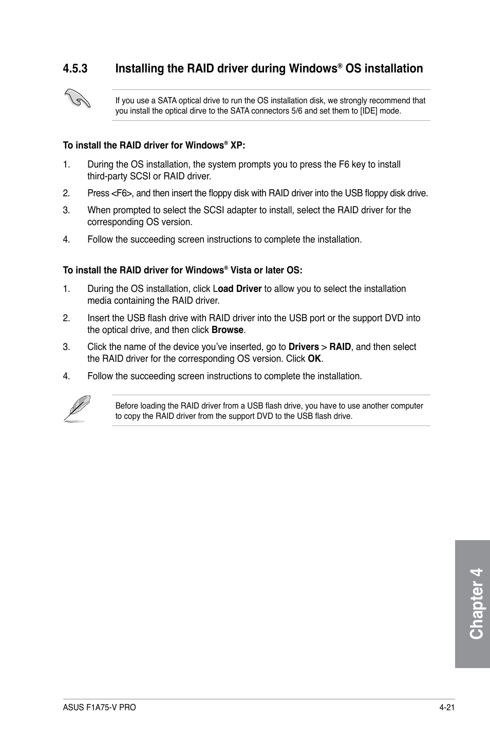 Installing the raid driver during windows, Os installation -21, Chapter 4 | 3 installing the raid driver during windows, Os installation | Asus F1A75-V PRO User Manual | Page 113 / 124