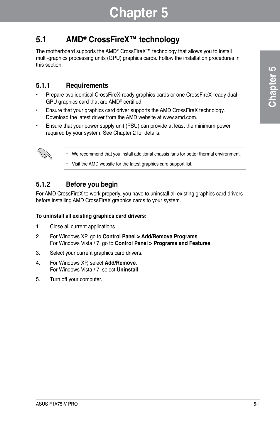 Chapter 5: multiple gpu technology support, 1 amd® crossfirex™ technology, 1 requirements | 2 before you begin, Chapter 5, Multiple gpu technology support, Crossfirex™ technology -1, Requirements -1, Before you begin -1, 1 amd | Asus F1A75-V PRO User Manual | Page 117 / 124