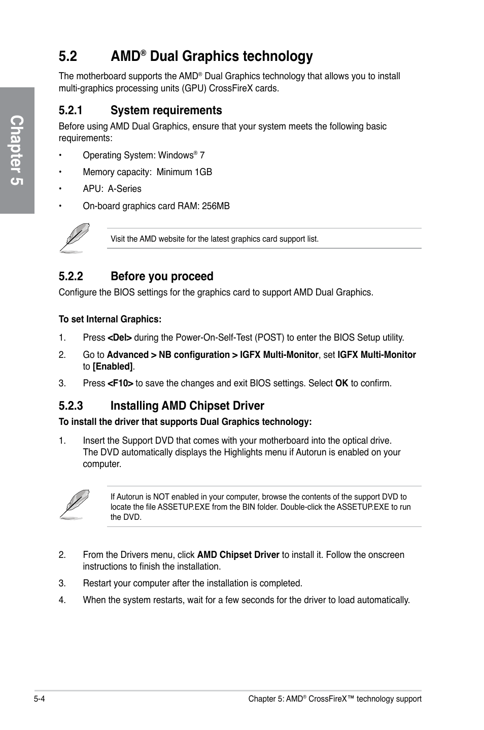 2 amd® dual graphics technology, 1 system requirements, 2 before you proceed | 3 installing amd chipset driver, Dual graphics technology -4, System requirements -4, Before you proceed -4, Installing amd chipset driver -4, Chapter 5, 2 amd | Asus F1A75-V PRO User Manual | Page 120 / 124